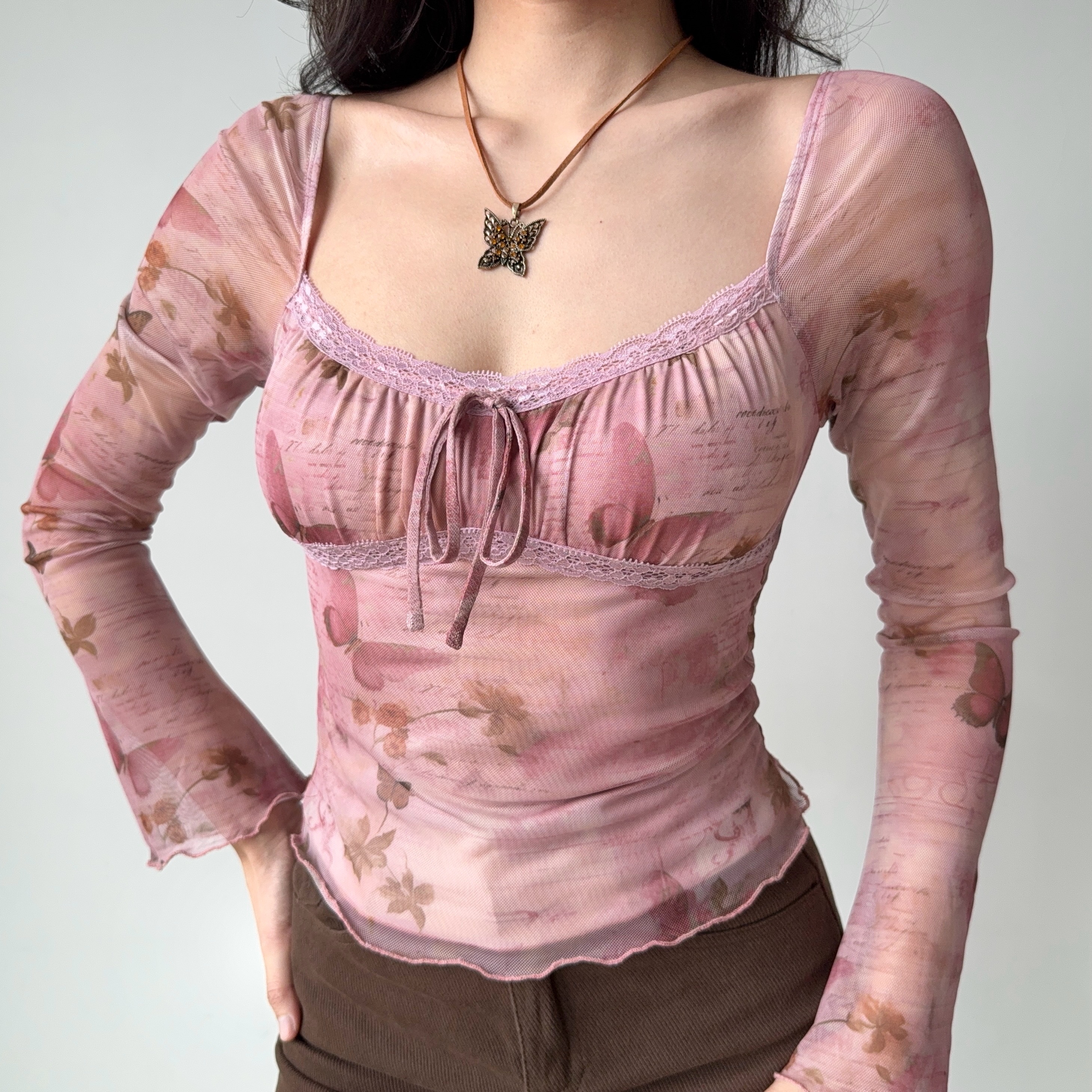 DIY American Vintage Printed Mesh U-Neck Long Sleeve T-Shirt for Women - Pink 90s Style Short Top for Early Spring