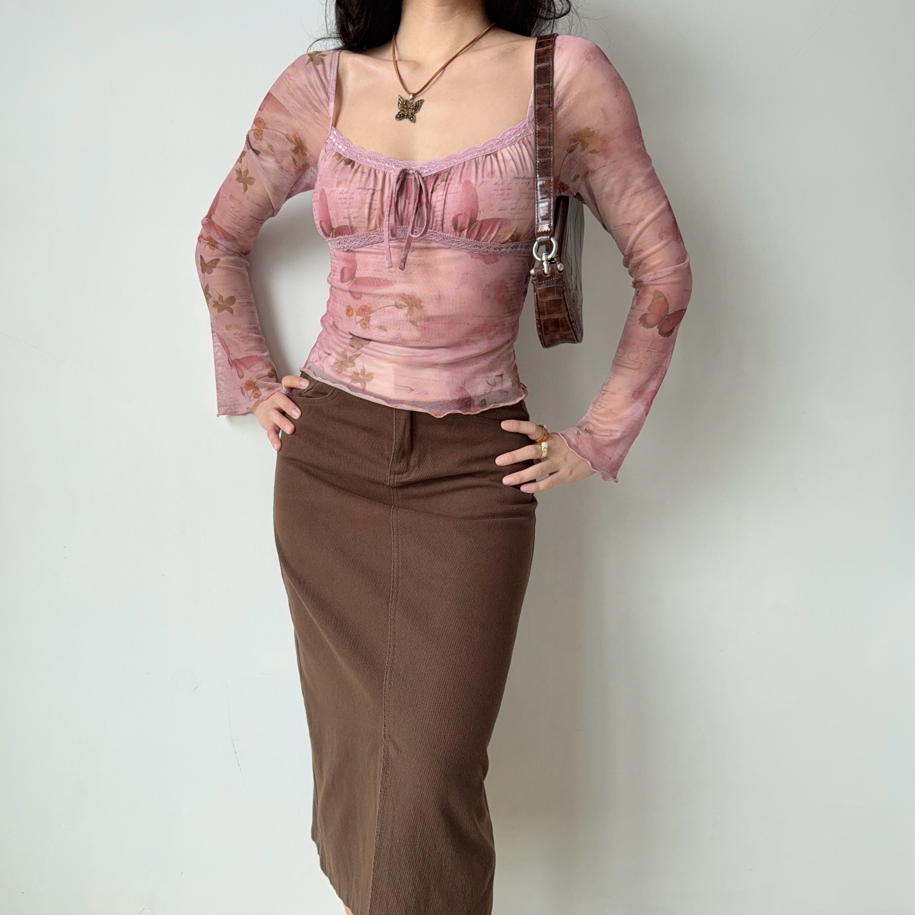 DIY American Vintage Printed Mesh U-Neck Long Sleeve T-Shirt for Women - Pink 90s Style Short Top for Early Spring