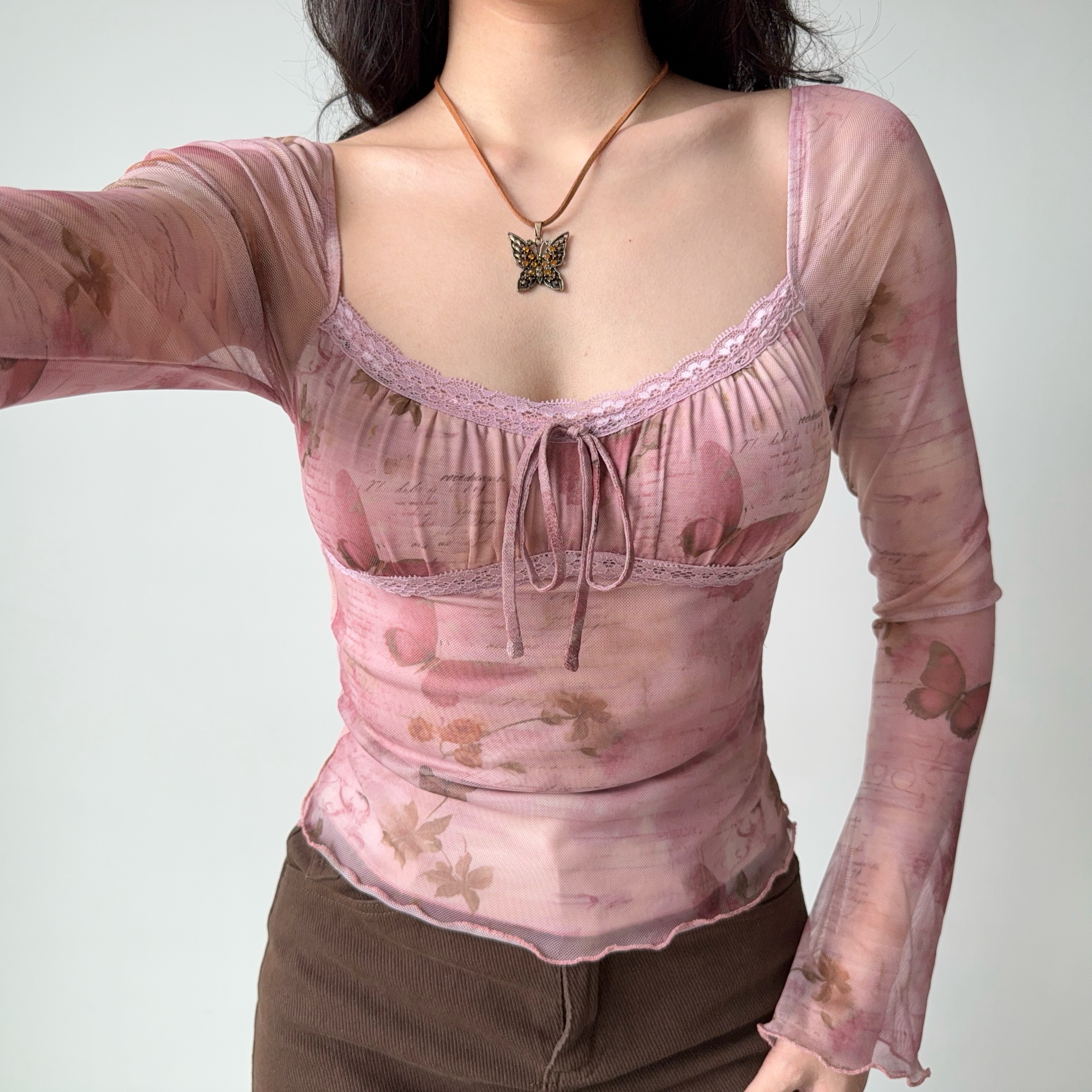 DIY American Vintage Printed Mesh U-Neck Long Sleeve T-Shirt for Women - Pink 90s Style Short Top for Early Spring