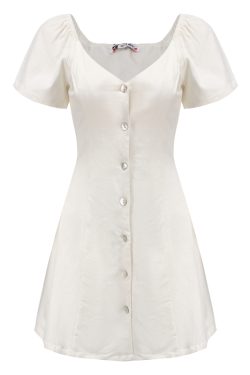 DIY French Vintage V-Neck Short Sleeve A-Line White Dress for Women - Plus Size, Chic Casual Style