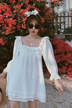 Dreamy Love Skirt - French Vintage Lace Ruffle Cotton Linen White Dress for 2025 Spring/Summer Vacation, Y2K Style
