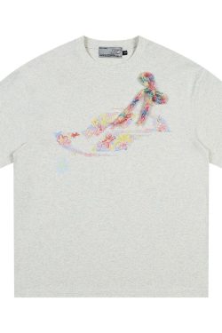 Elastic Knitted Crayon Flower Short-Sleeve Summer T-Shirt for Women - Waist-Cinching Slim Fit, Trendy Y2K Style
