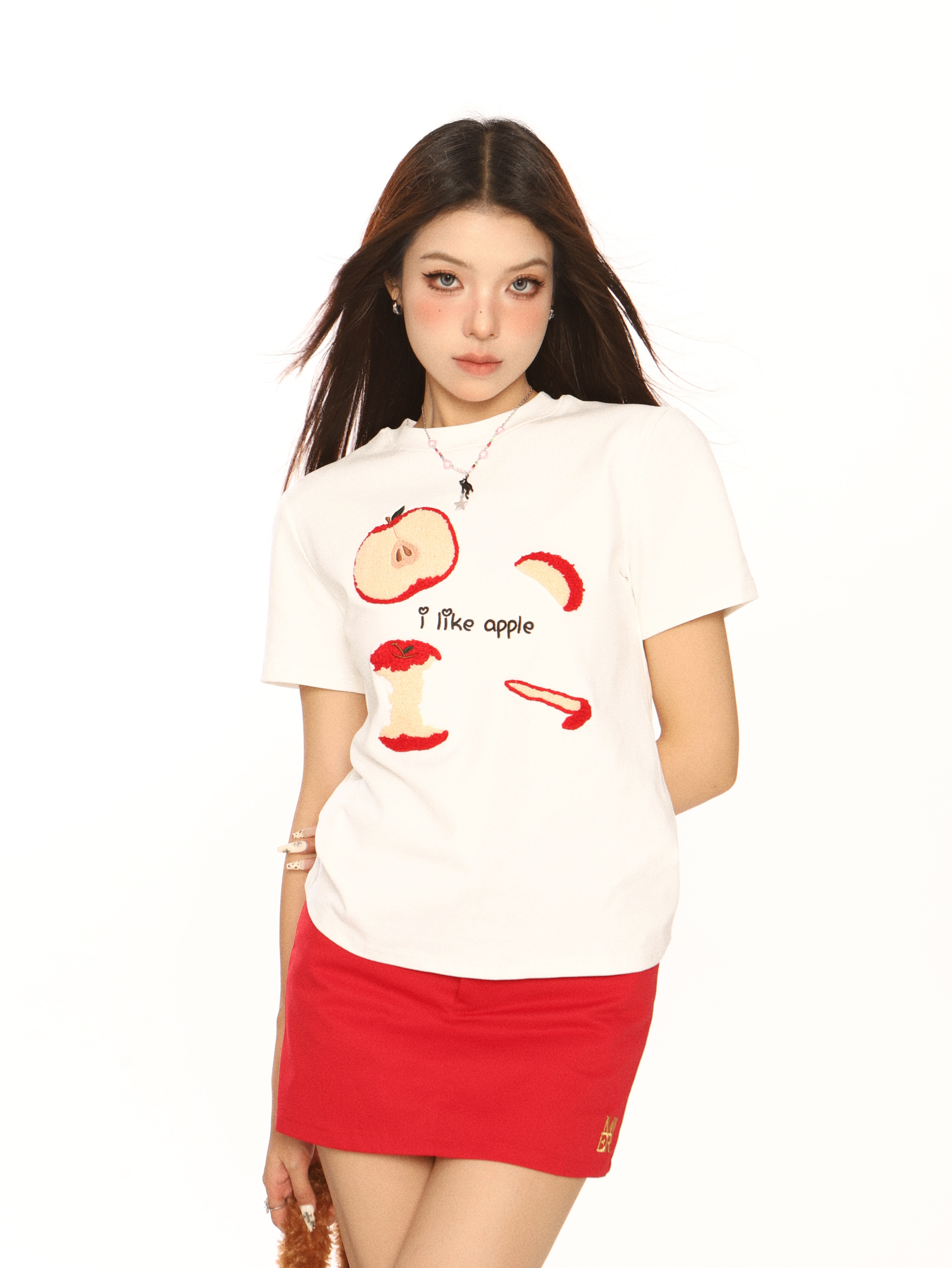 Embroidered Apple Short Sleeve T-Shirt for Women, Slim Fit American Style, White Hot Girl Top, Casual Y2K Fashion