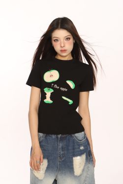 Embroidered Apple Short Sleeve T-Shirt for Women, Slim Fit American Style, White Hot Girl Top, Casual Y2K Fashion
