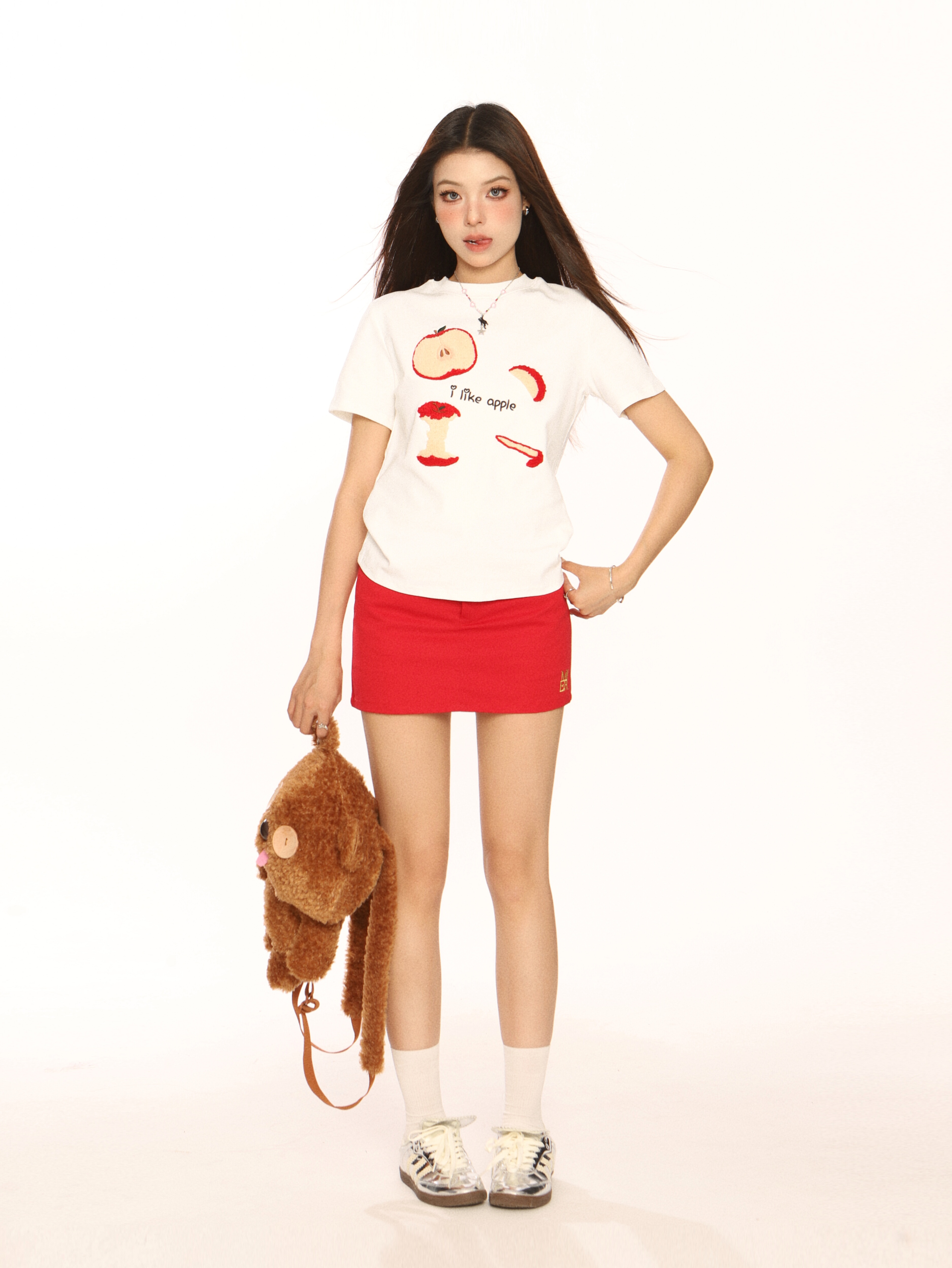 Embroidered Apple Short Sleeve T-Shirt for Women, Slim Fit American Style, White Hot Girl Top, Casual Y2K Fashion