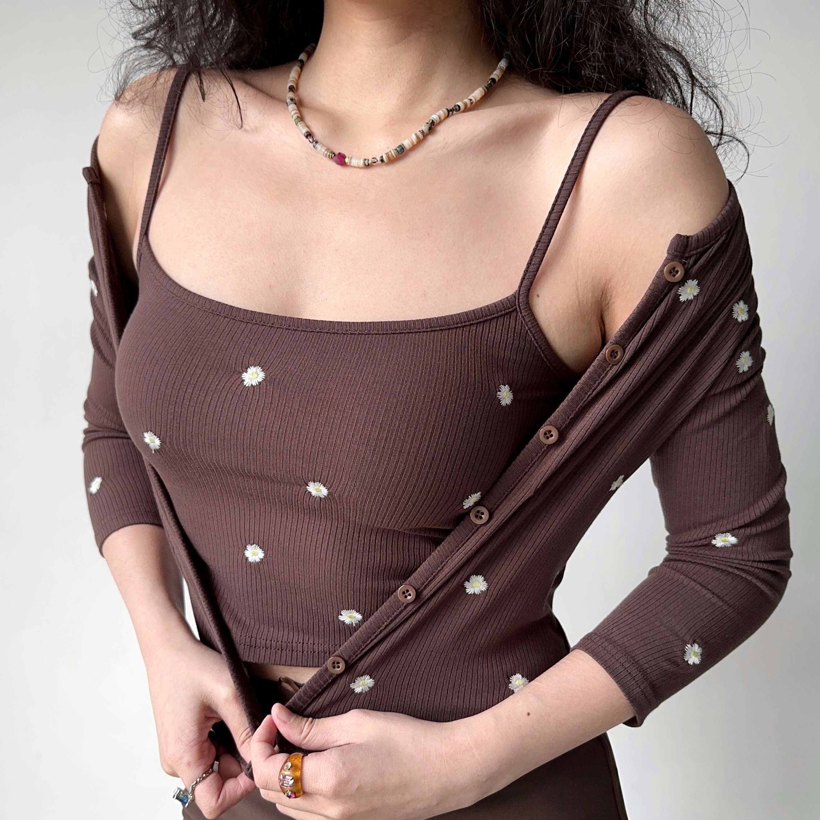 Embroidered Camisole Cardigan Two-Piece Set - Women's Slim Fit Short Sleeve Top in European & American Style, Perfect for Y2K Fashion