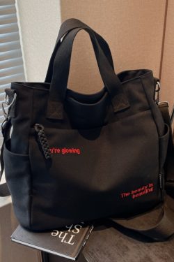 Embroidered Letter Canvas Tote Bag for Women, Large Capacity Commuter Handbag, Versatile Crossbody Bag for School & Daily Use