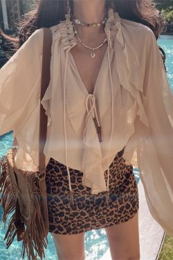 Ethereal Bohemian Ruffled Long-Sleeve Shirt for Women - 2025 Spring/Summer Vacation Top