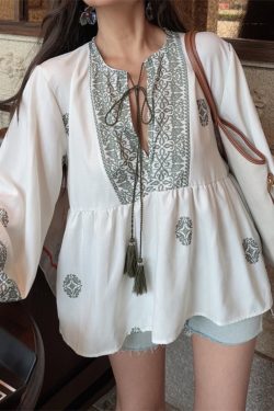 Ethnic Lantern Sleeve Tassel Tie Loose Blouse - Early Autumn Australian Style Vacation Shirt Top