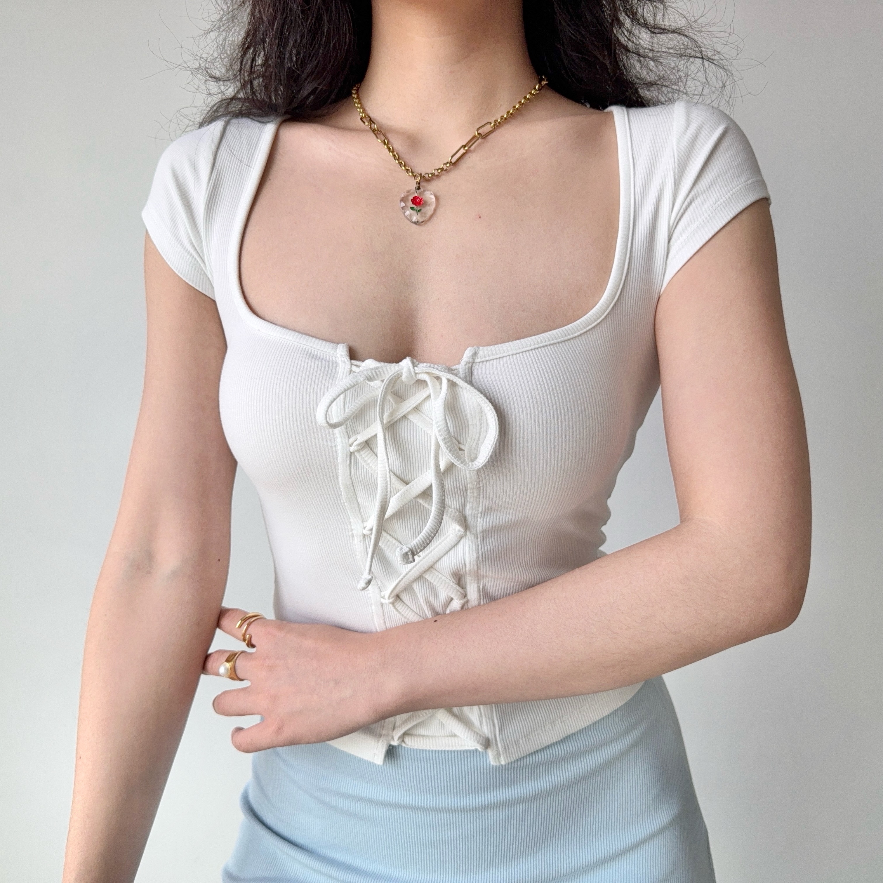 European & American Style Square Neck Short Sleeve T-Shirt with Strap Design for Women - Slim Fit Casual Top
