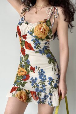 European and American Style Oil Painting Print Vintage Cami Dress with Tie Straps and Ruffle Short Skirt, A-Line Silhouette