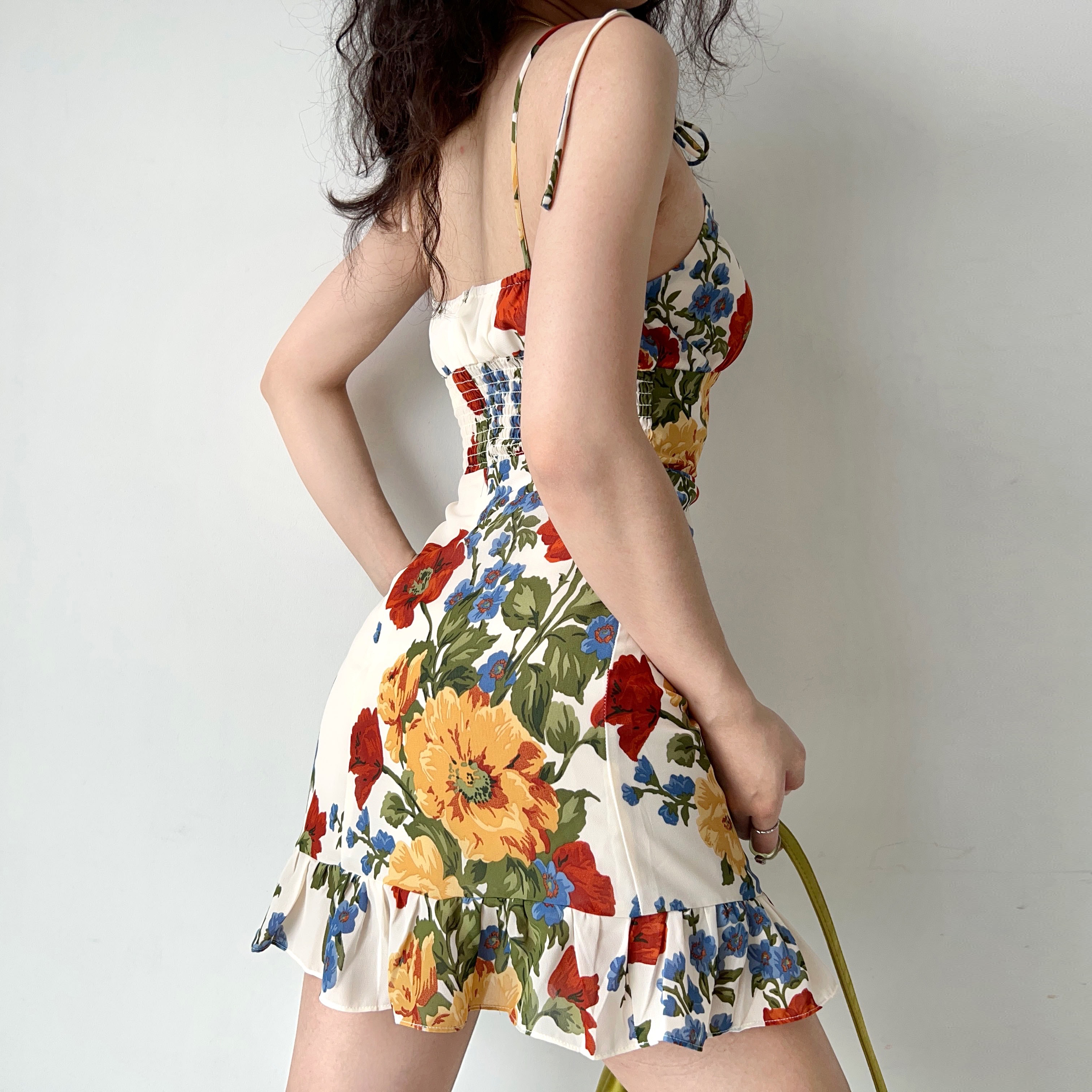 European and American Style Oil Painting Print Vintage Cami Dress with Tie Straps and Ruffle Short Skirt, A-Line Silhouette