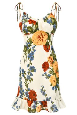 European and American Style Oil Painting Print Vintage Cami Dress with Tie Straps and Ruffle Short Skirt, A-Line Silhouette