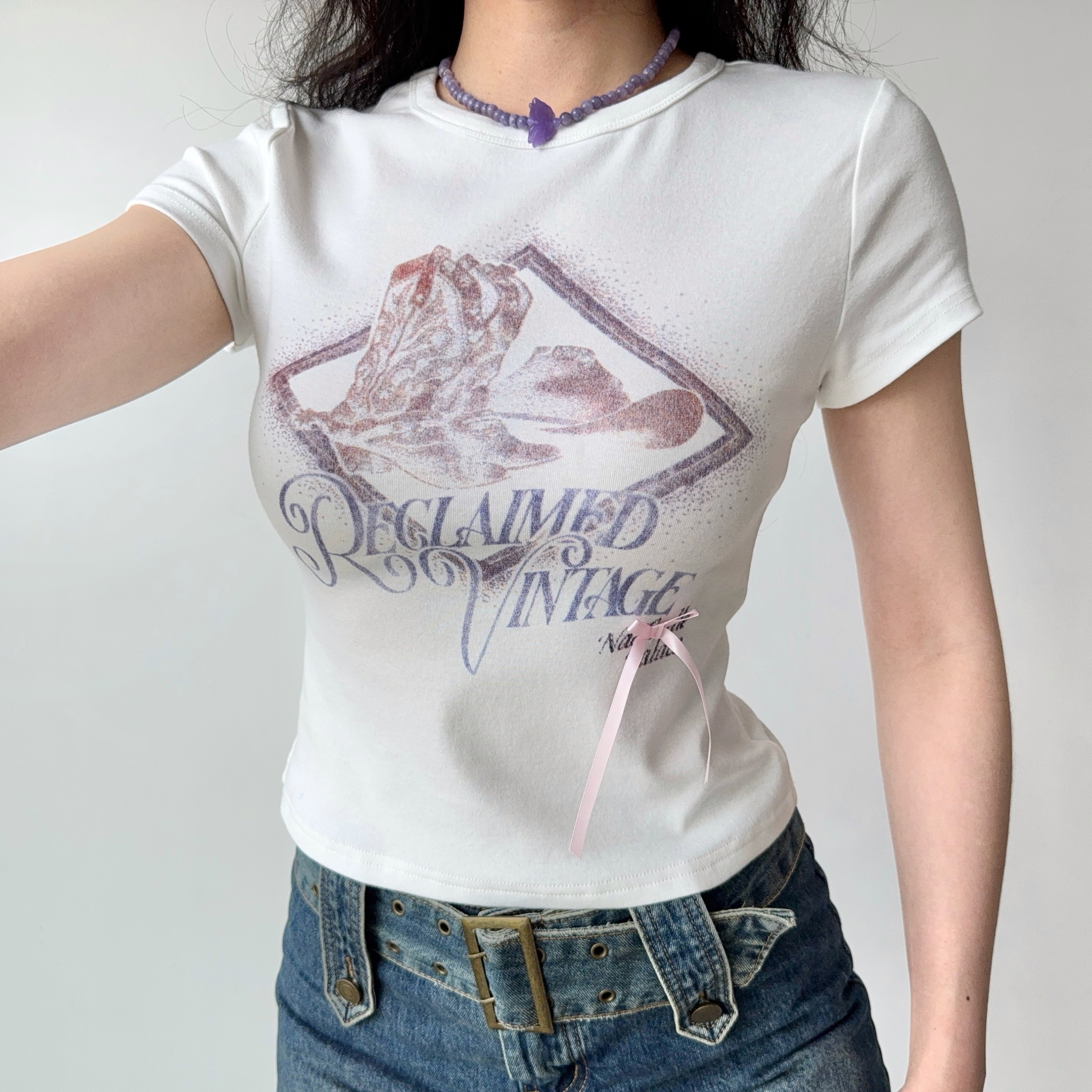European and American Style Printed White Round Neck Short Sleeve T-shirt for Women - Summer Slim Fit Casual Top