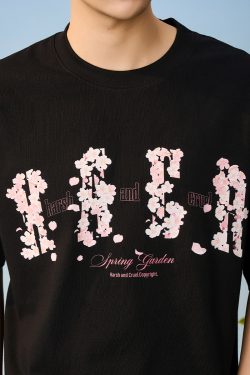 Falling Cherry Blossom Loose Round Neck Short Sleeve T-Shirt for Men and Women | National Trend, Korean Style, Unisex Fashion
