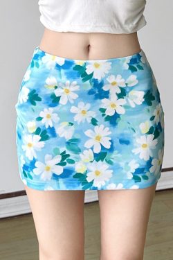Floral Bodycon Midi Skirt in Blue - Small Daisy Print, Oil Paint Design, Women's Spring Fashion, Fresh & Vibrant Style