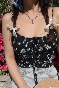 Floral Camisole Top - Handmade Vintage Square Neck Drawstring Strap - Spring/Summer Vacation Style - 90s French Chic
