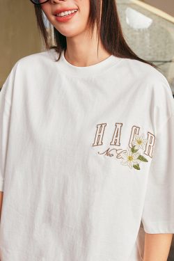 Floral Embroidery Patch Couple Loose Short Sleeve T-Shirt - 2025 Summer Style, Y2K Inspired Fashion for Trendy Looks