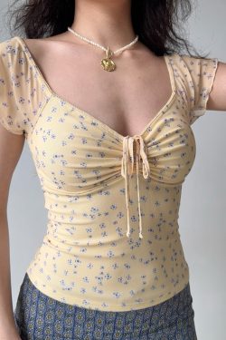 Floral Mesh Short Sleeve T-shirt for Women with Tie V-neck - Trendy European American Style Hot Girl Top