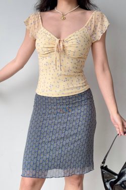 Floral Mesh Short Sleeve T-shirt for Women with Tie V-neck - Trendy European American Style Hot Girl Top