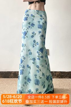 Floral Mesh Skirt Women's Low-Waist Slim-Fit Long Pants Vacation Style Summer Island Rose Fresh Mint Design