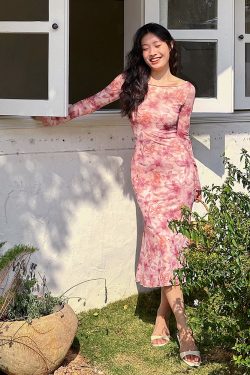 Floral Mesh Two-Piece Long Sleeve Bodycon Dress - Sexy Slim Fit with Long Skirt - Y2K Inspired Fashion