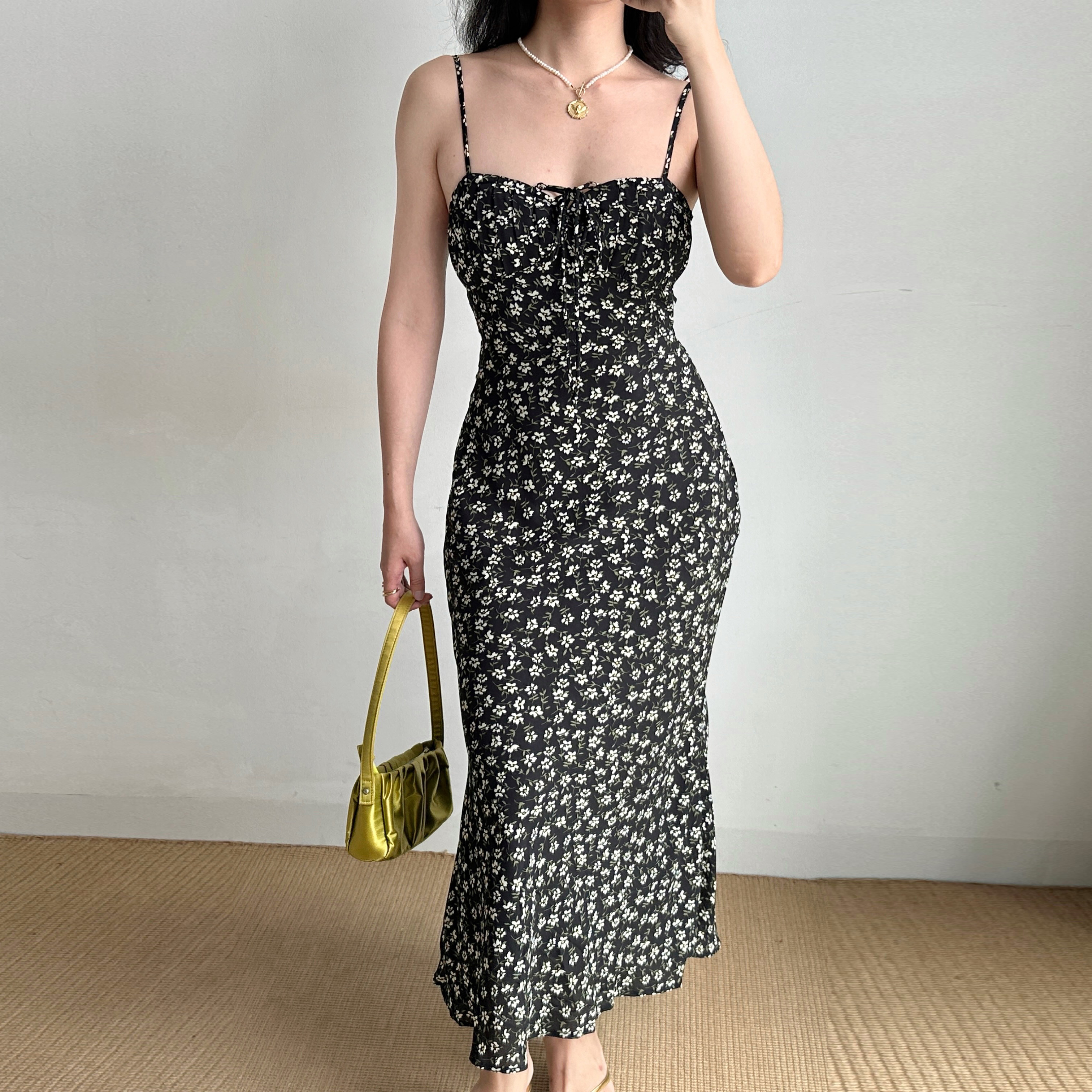 Floral Print Spaghetti Strap Dress for Women - A-Line Slim Fit, European American Style, Summer Short/Long Length, Y2K Fashion