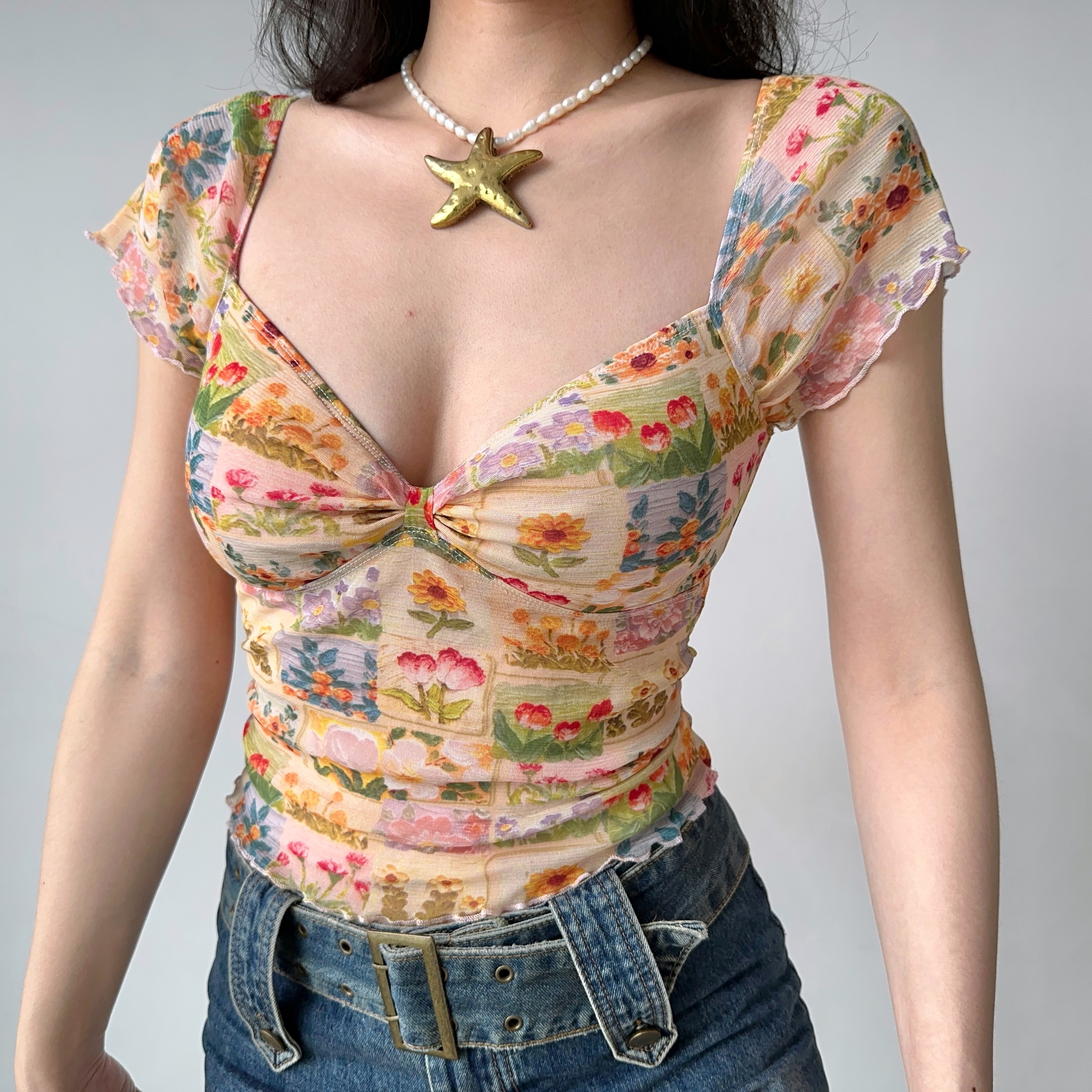 Floral Print V-Neck T-Shirt for Women - Summer Lace Mesh Short Sleeve Top in European American Style, Perfect for 90s and Y2K Fashion