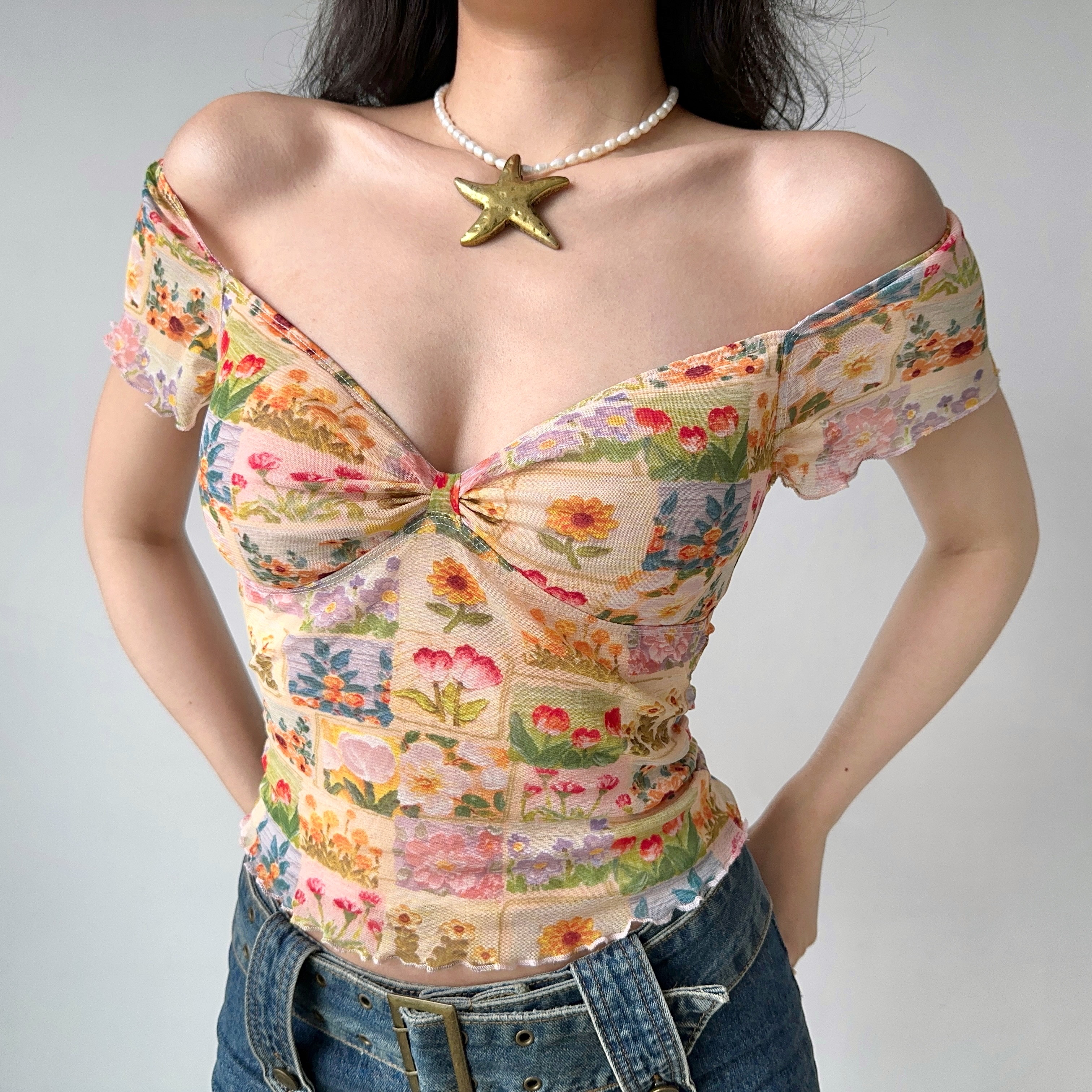 Floral Print V-Neck T-Shirt for Women - Summer Lace Mesh Short Sleeve Top in European American Style, Perfect for 90s and Y2K Fashion