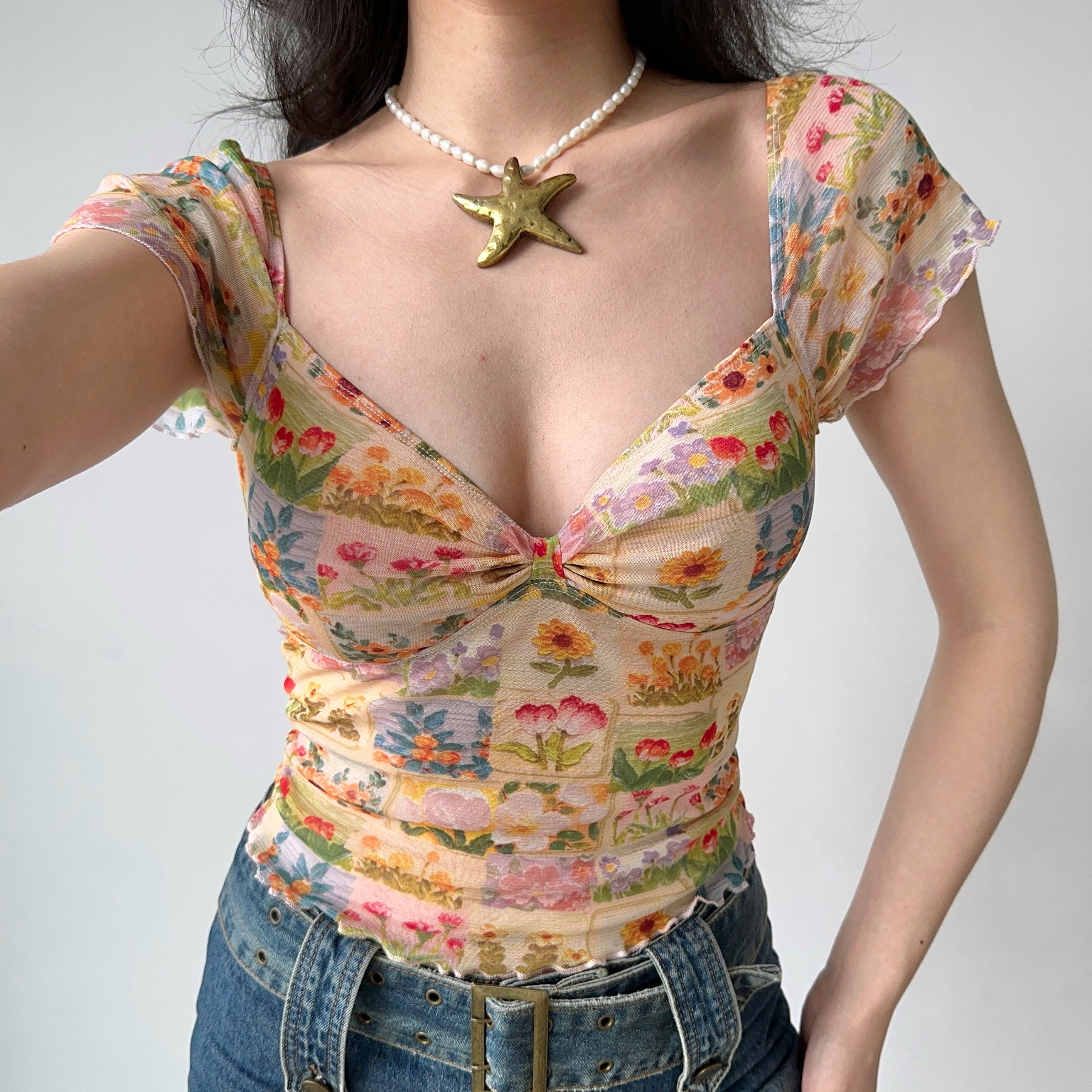 Floral Print V-Neck T-Shirt for Women - Summer Lace Mesh Short Sleeve Top in European and American Style, Perfect for Y2K Fashion
