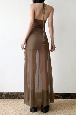 Floral Ribbon Split Hem Backless Halter Camisole Dress with Sheer Mesh Splicing - Y2K Style Long Skirt
