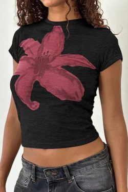 Floral Short-Sleeve Crop Top for Women - Y2K American Retro Style, Summer Slim Fit, Spicy Sweet Design