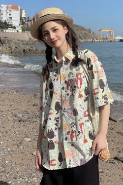 Floral Short-Sleeve Shirt for Women - Retro Hawaiian Style Loose Top for Beach Vacation, Y2K Inspired Fashion