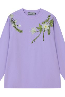 Floral Wreath Embroidered Long Sleeve T-Shirt - Chinese Style Plant Series, Silhouette Design, Perfect for 90s and Y2K Fashion