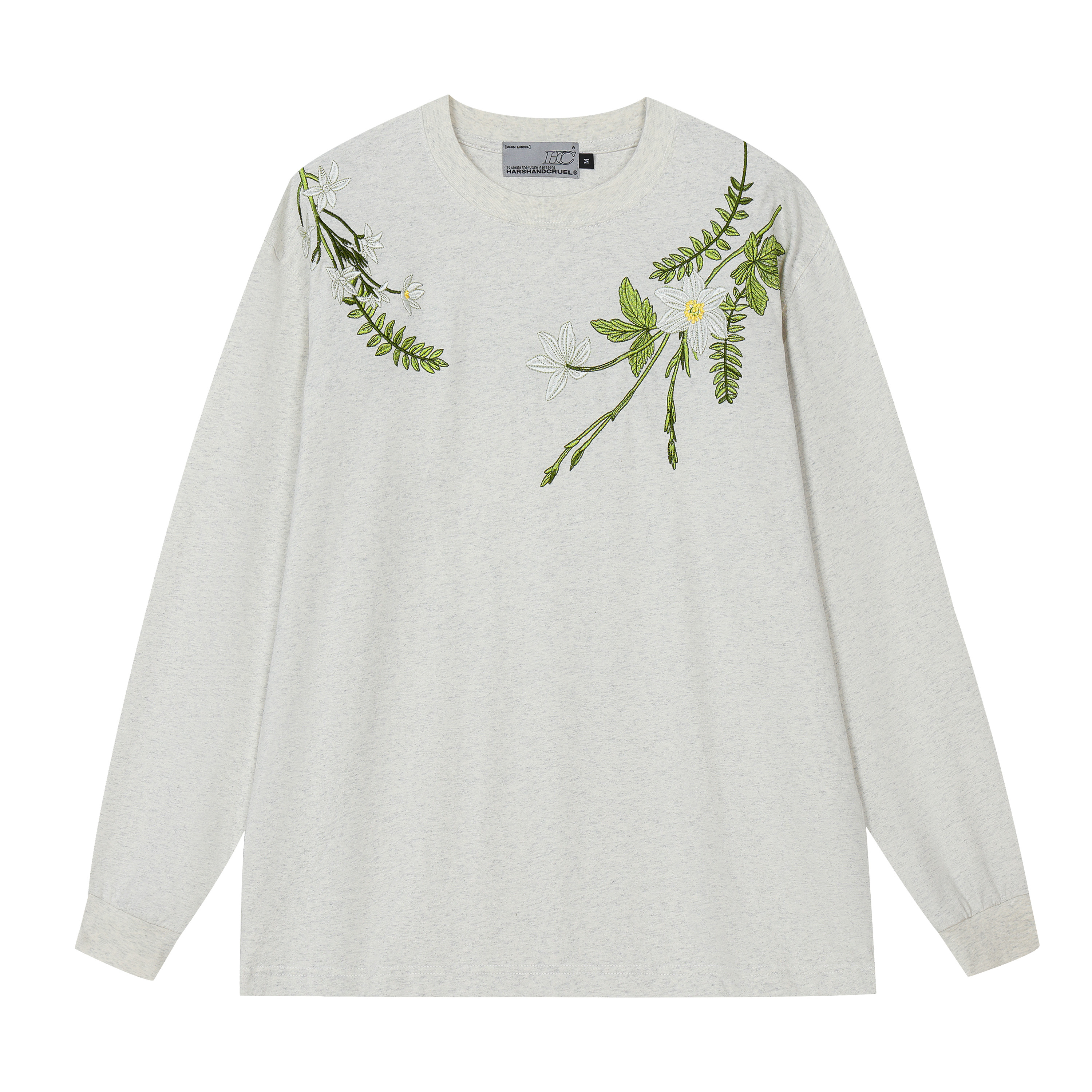 Floral Wreath Embroidered Long Sleeve T-Shirt - Chinese Style Plant Series, Silhouette Design, Perfect for 90s and Y2K Fashion