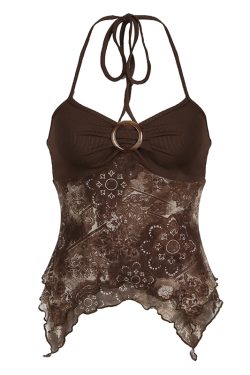 Forest Element Round Ring Buckle Neck Spliced Camisole Women's Ruffled Backless Slim Top - Y2K Chic Fashion