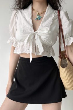 French Court Style Puff Sleeve Embroidered Tie White Shirt - Women's Short Top for Y2K and 90s Inspired Fashion