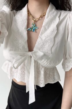 French Court Style Puff Sleeve Embroidered Tie White Shirt - Women's Short Top for Y2K and 90s Inspired Fashion