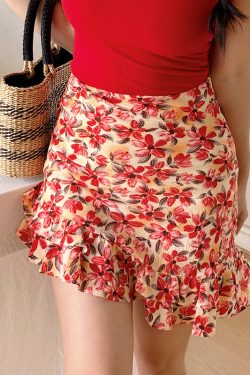 French Red Floral High-Waisted A-Line Skirt Pants with Built-In Safety Shorts – Trendy Y2K Style for Effortless Chic Looks