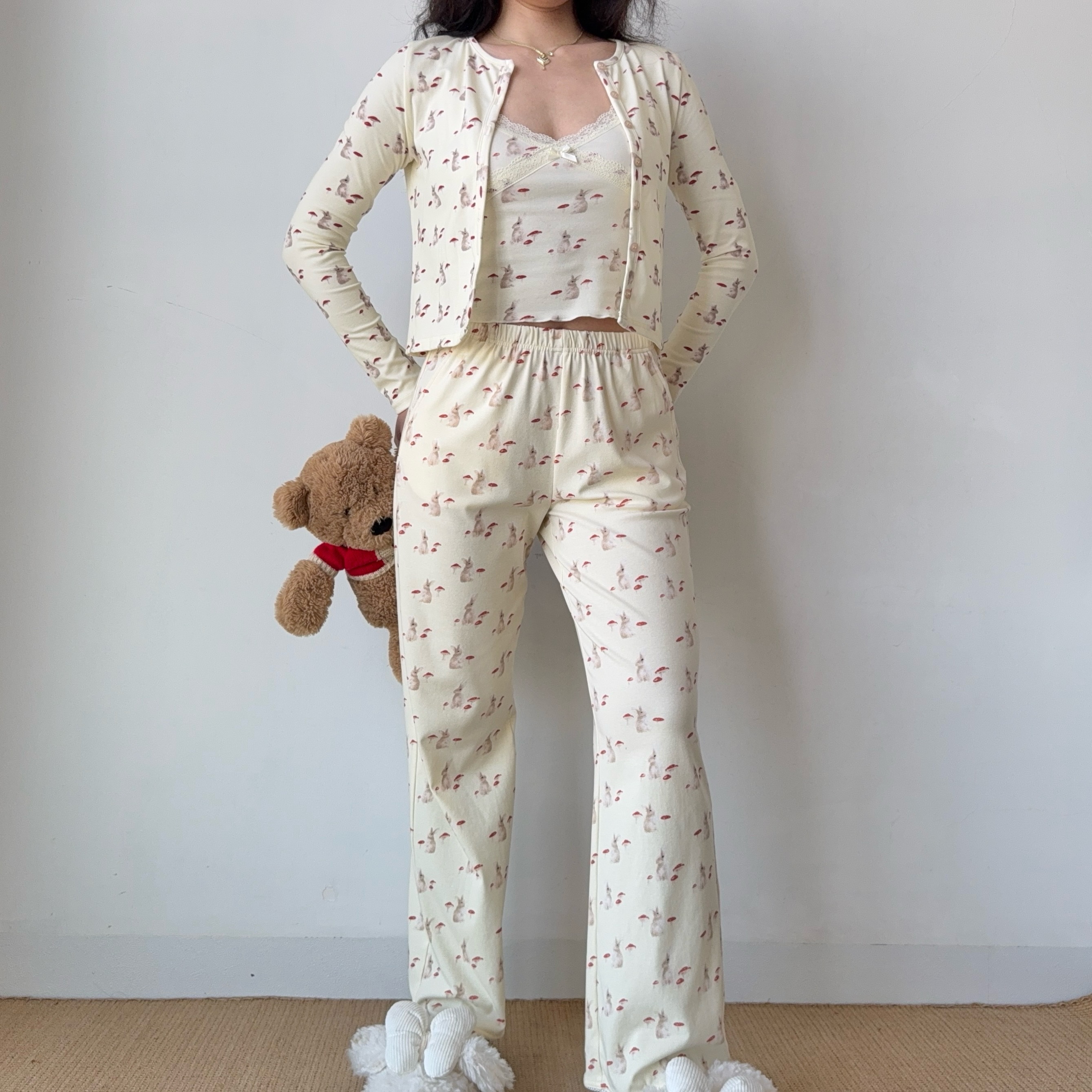 French Sweet Bunny Print Cami Pajama Cardigan and Shorts Loungewear Set for Women – Cute and Comfy Sleepwear Outfit