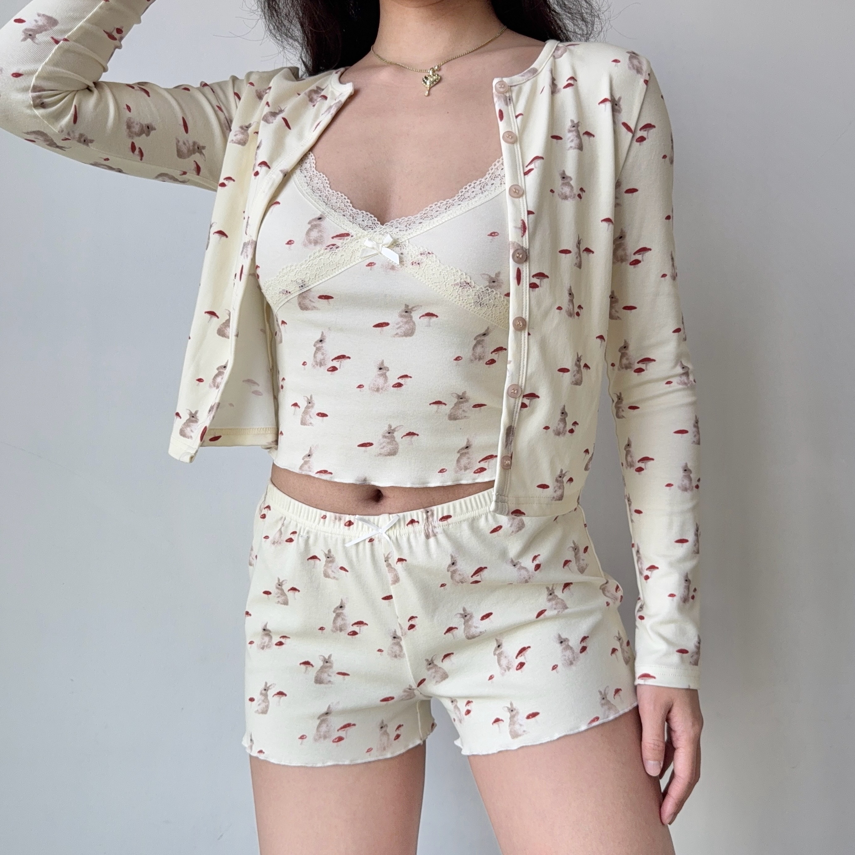 French Sweet Bunny Print Cami Pajama Cardigan and Shorts Loungewear Set for Women – Cute and Comfy Sleepwear Outfit