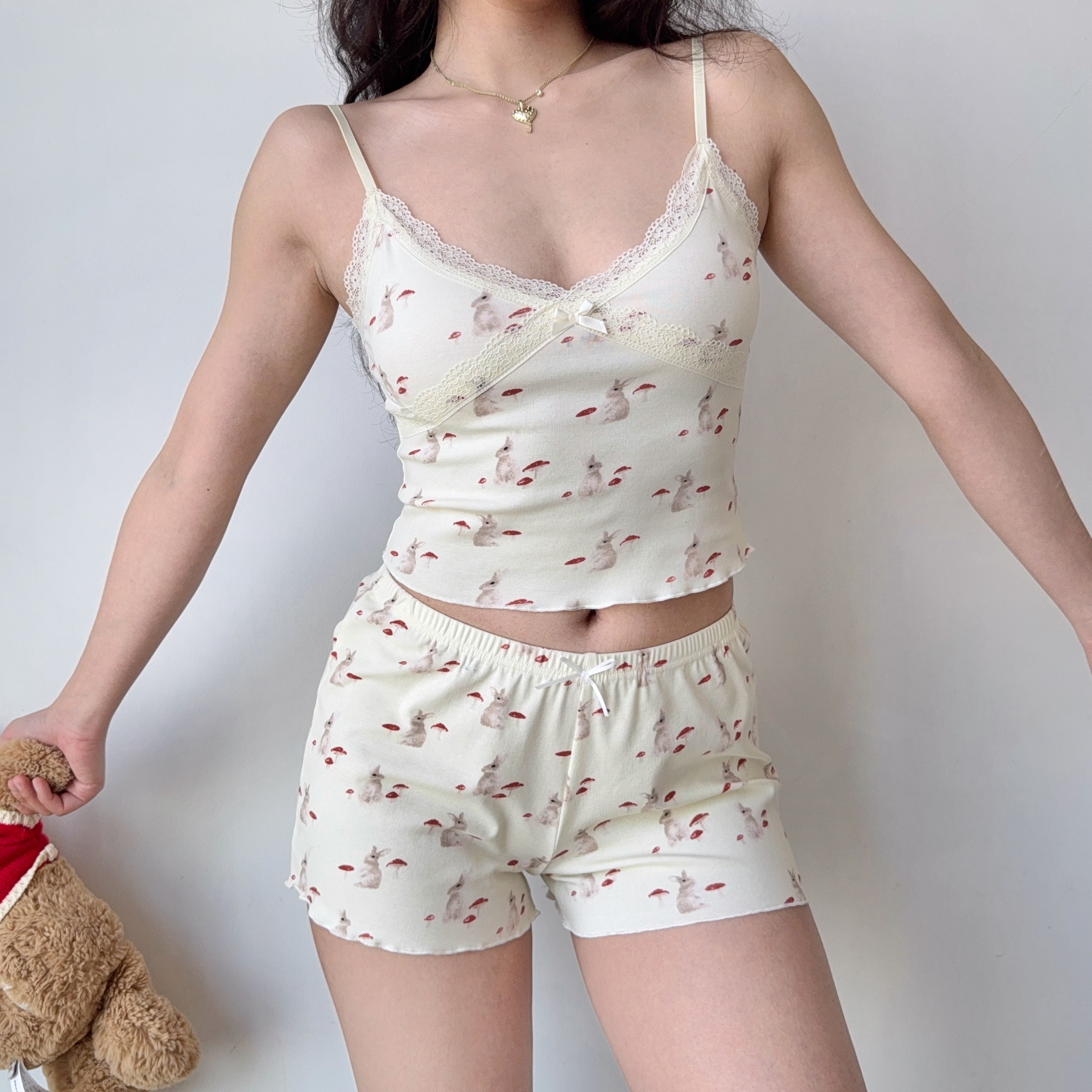 French Sweet Bunny Print Cami Pajama Cardigan and Shorts Loungewear Set for Women – Cute and Comfy Sleepwear Outfit
