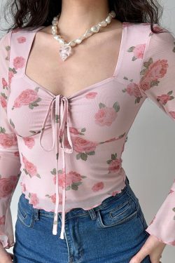 French Sweet Floral Print Bell Sleeve Square Neck Shirt - Women's Slim Fit Long Sleeve Top for Y2K and 90s Inspired Fashion