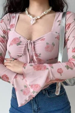 French Sweet Floral Print Bell Sleeve Square Neck Shirt - Women's Slim Fit Long Sleeve Top for Y2K and 90s Inspired Fashion