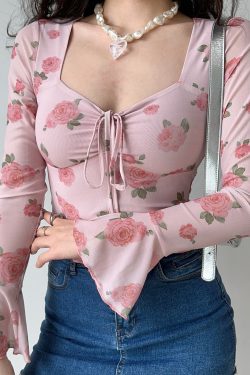 French Sweet Floral Print Bell Sleeve Square Neck Shirt - Women's Slim Fit Long Sleeve Top for Y2K and 90s Inspired Fashion