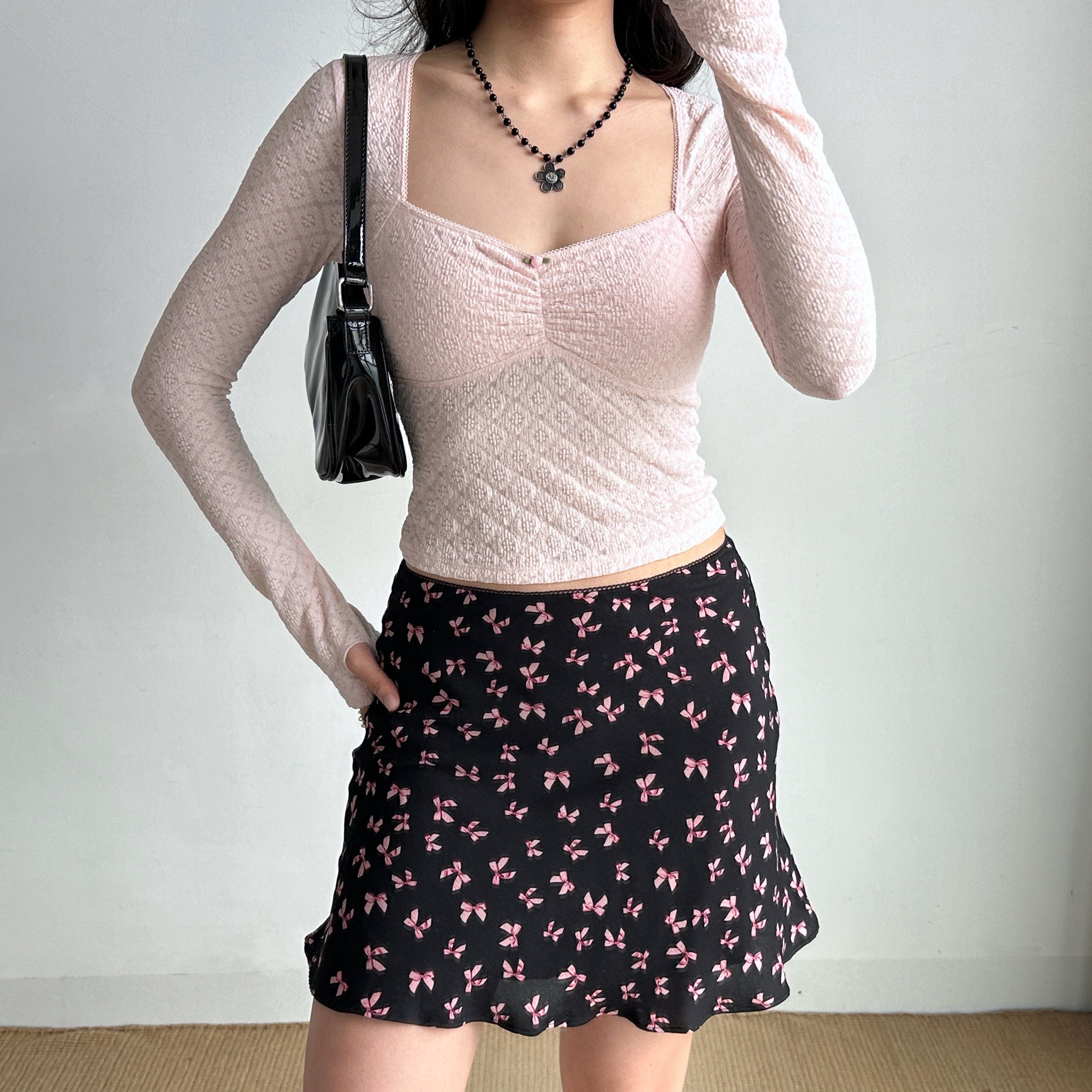 French Vintage Bow Print A-line Skirt for Women - Slim Fit Short Skirt with Y2K Style
