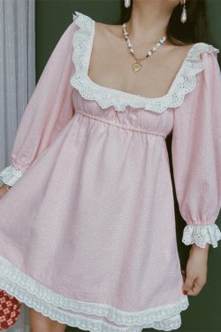 French Vintage Lace Trim Square Neck Vacation Dress - Chenopod Sweet Powder Moonlight 2025 Spring/Summer, Y2K Style