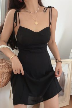 French Vintage Lace-Up Waist Black Chiffon Slimming Cami Dress - 2025 Spring/Summer Vacation Style, Chic 90s-Inspired Look
