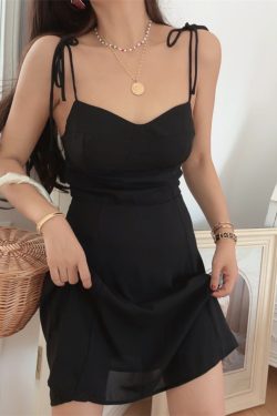 French Vintage Lace-Up Waist Black Chiffon Slimming Cami Dress - 2025 Spring/Summer Vacation Style, Chic 90s-Inspired Look