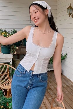 French Vintage Lace Vest Top - White Slim-Fit Sexy Design, Versatile Short Style for Y2K and 90s Fashion